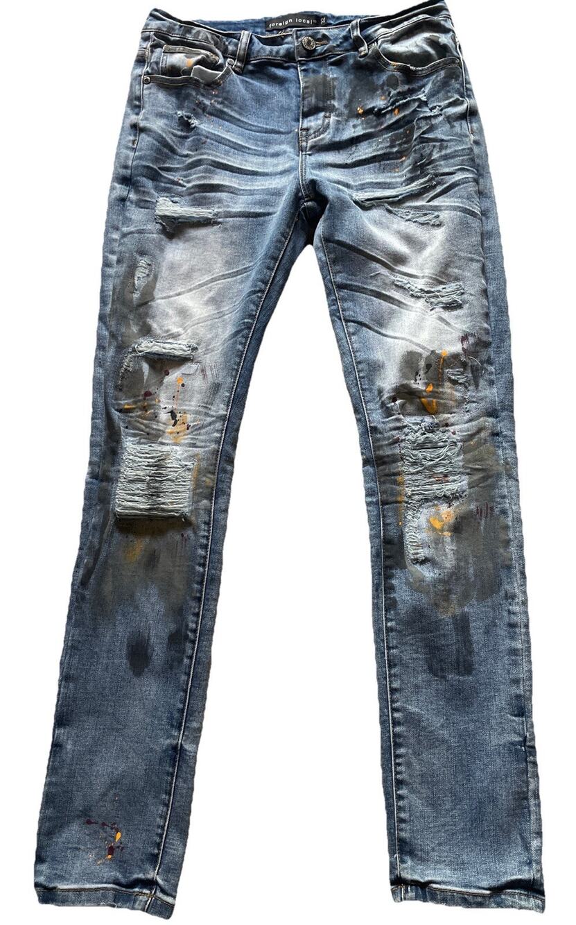 Foreign Local Jeans Mens 32 Slim Skinny Distressed Ripped Paint Splatter Grunge